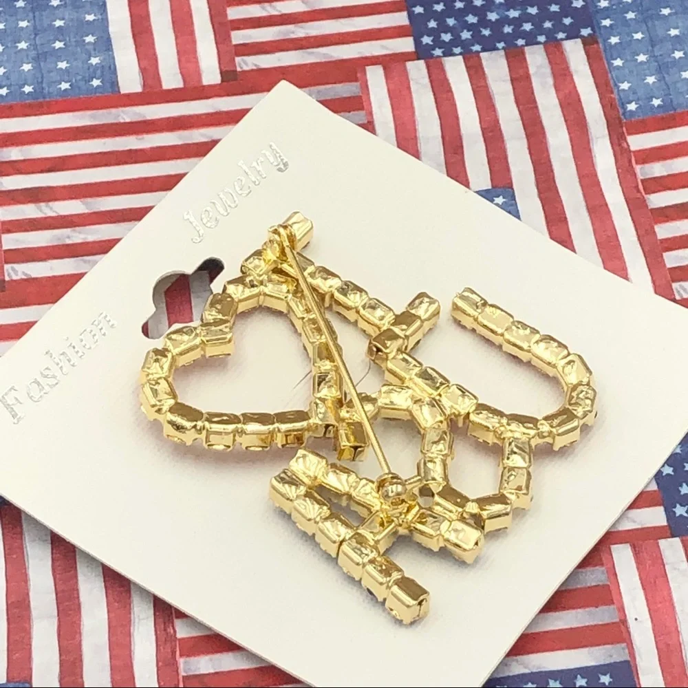 I Love USA Pin Rhinestone Large Brooch